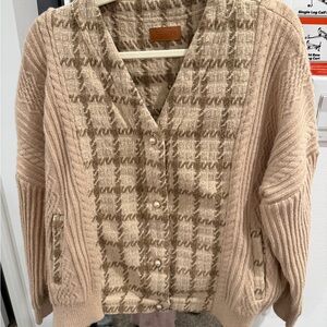 Umgee Tan Houndstooth Women's Cardigan Sweater Oversized